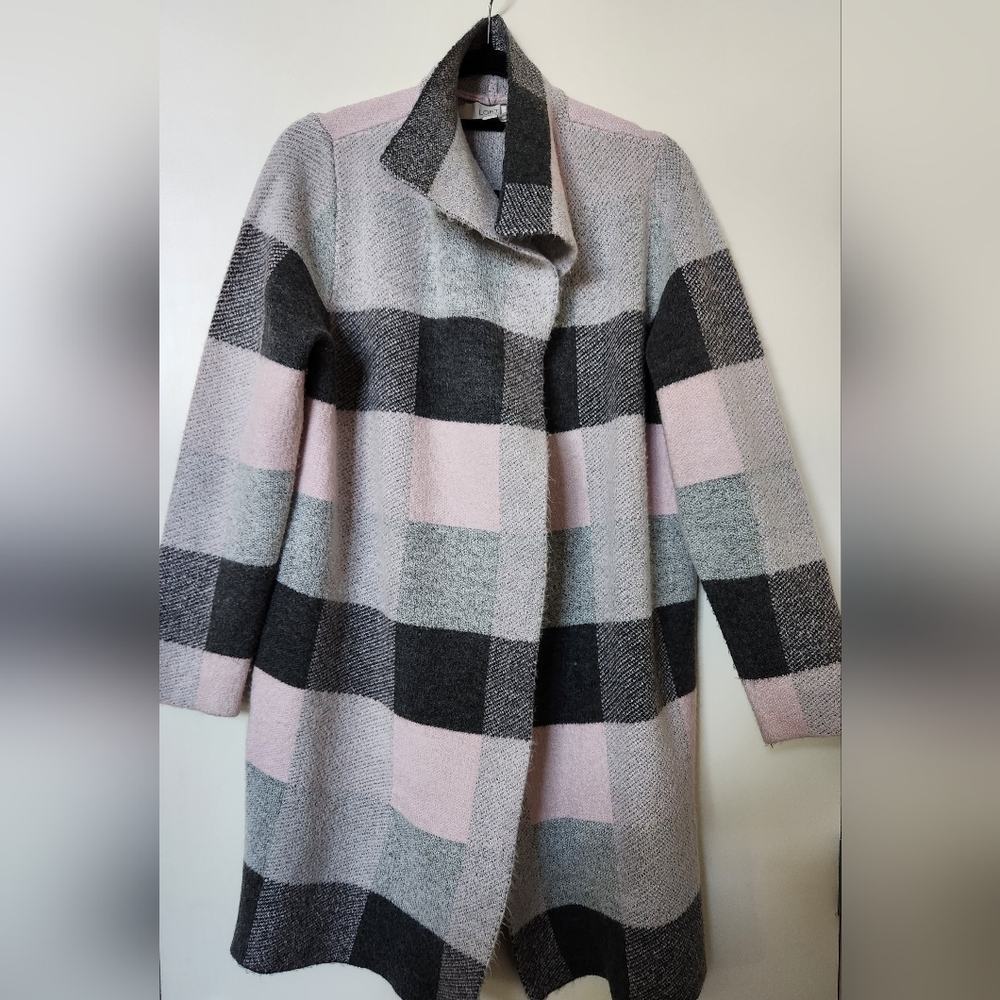 LOFT Pink & Grey Buffalo Plaid Open Front Coatigan Jacket Large